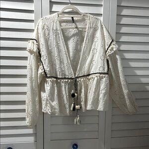 Zara Cream Long Sleeve Tie Front Blouse